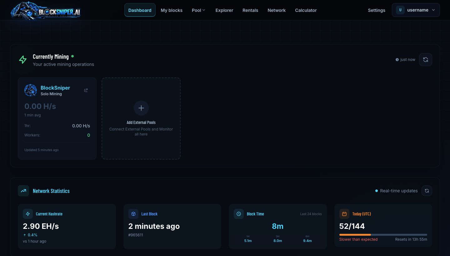 BlockSniper dashboard showing mining operations and live Bitcoin Cash network telemetry